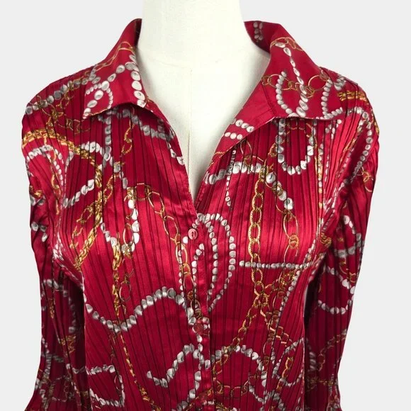 Jaclyn Smith Equestrian Chain Print Button-Up Blouse XL Long Sleeve Pleated Red - Picture 2 of 11